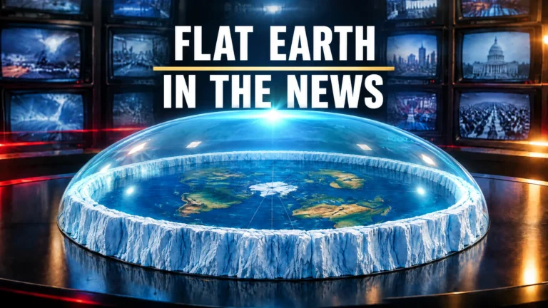 Flat Earth In The News feature image showing a level enclosed Flat Earth model with an Antarctic ice wall and firmament